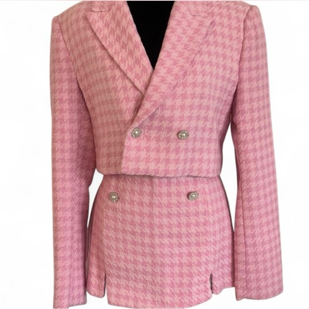Zara Blazer Jacket & Skort Set Pink Tweed Houndstooth Elegant Barbiecore Glam